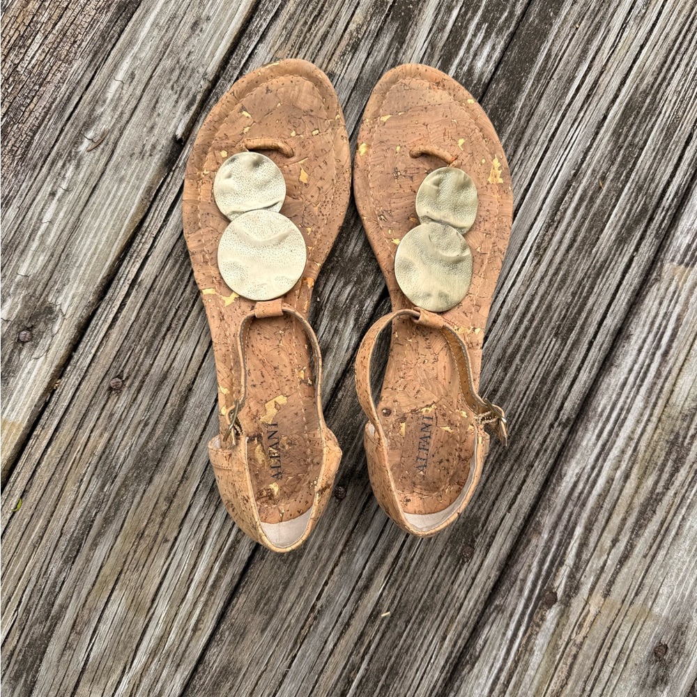 Alfani Tan T-Strap Sandals with Gold Accents.